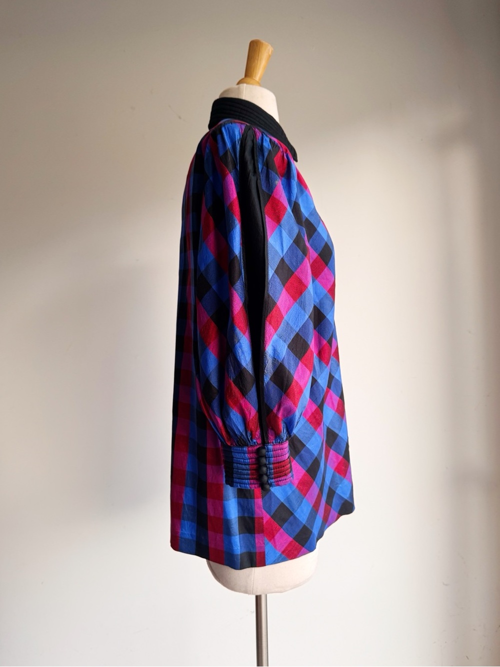 Vintage 100% Thai Silk Plaid Blouse | Jewel Tone Puff Sleeve Button Front | 12 - Picture 6 of 10